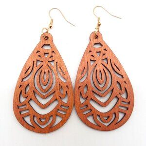 Bohemian Earrings Large Hollow Cut Wood Dangle Boho Carved Hippie Trendy